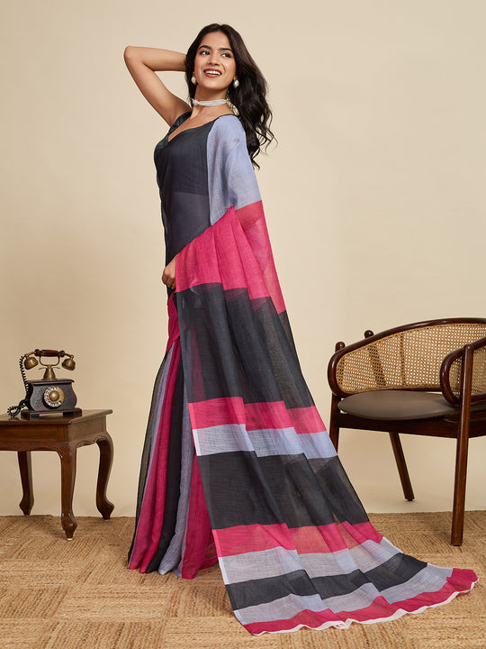 Multicolour Linen Saree With Jari Border All Over Single Colour Printed Saree With Blouse Piece