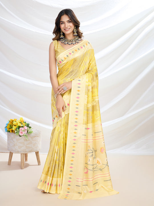 Yellow Handloom Silk Festive Wear Saree With Blouse Piece