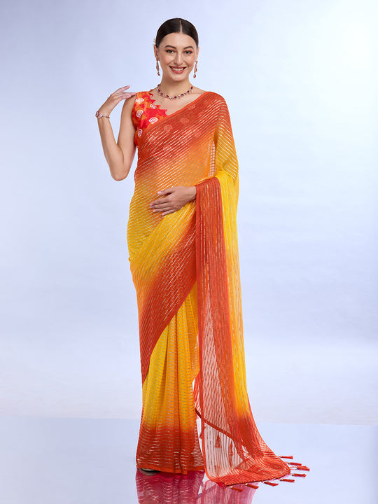 Yellow & Orange Weightless Saree With Blouse Piece