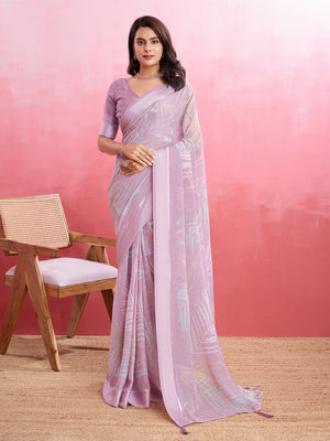 Purple Silk Georgette Festive Wear Saree With Blouse Piece