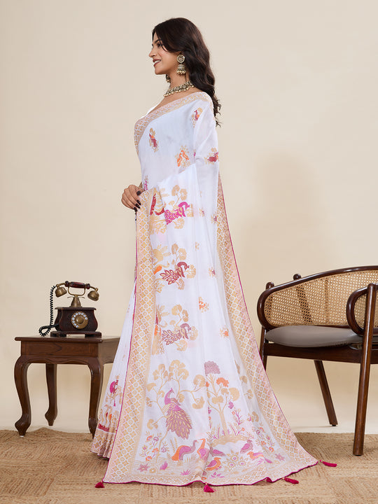 White Cotton Saree With All Over Light Single Colour With Table Printed And Border Piping Saree With Blouse Piece