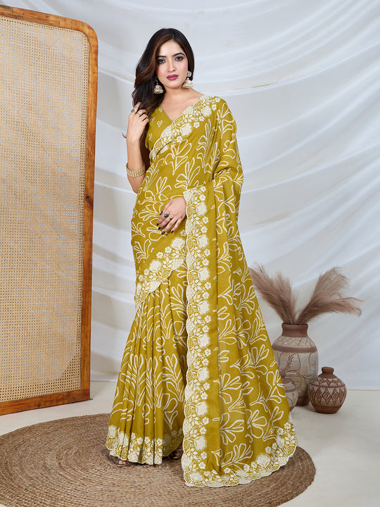 Poly Georgette Geometric Print Saree With Embroidery And Scaloping Work With Unstitched Blouse Piece
