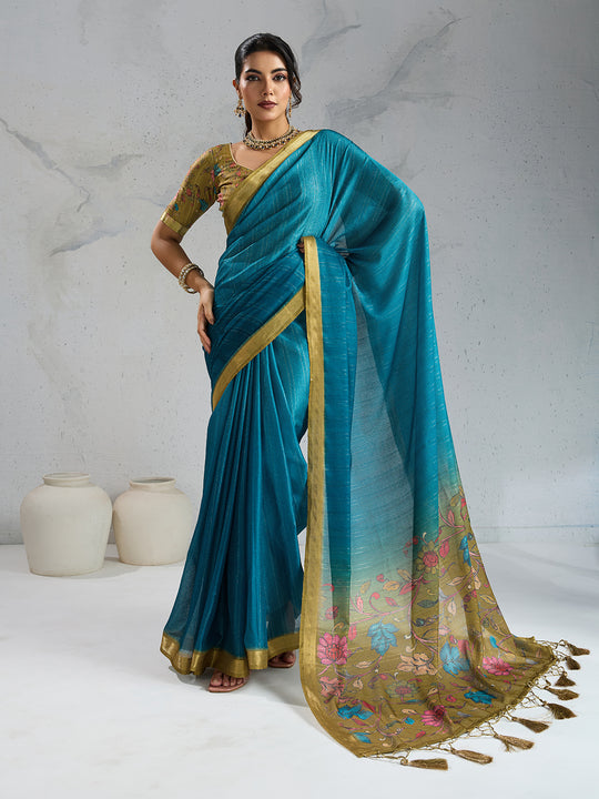 Pure Chiffon Digital Printed Woven Saree With Woven Border And Fancy Tassels