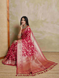 Red Pure Satin Banarasi Saree With Tassels Saree With Blouse Piece