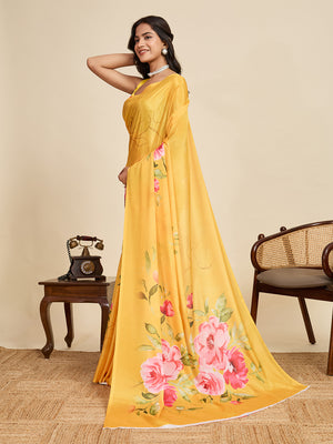 Yellow Chinon Saree All Over Single Colour Printed Saree With Blouse Piece