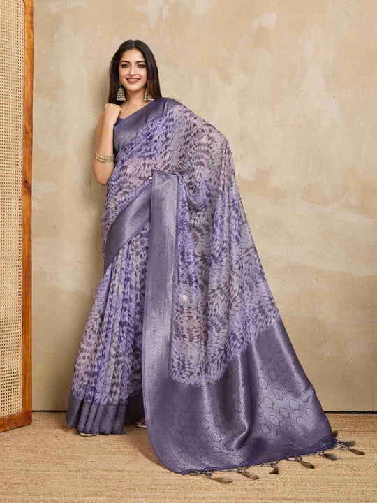 Purple Pure Cotton Tie And Dye Printed Banarasi Rich Pallu Saree With Zari Tassels Saree With Blouse Piece