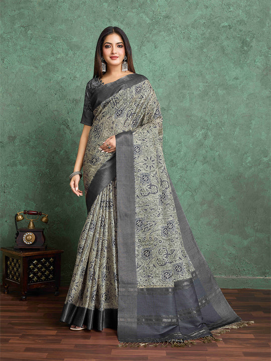 Grey Pure Handloom Tussar Woven Pallu Ajrakh Printed With Blouse Piece