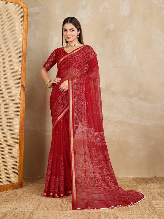 Pure Chiffon Bandhani Printed Saree With Viscose Woven Border And Blouse Piece