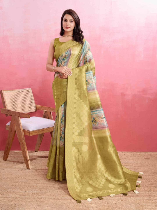 Olivegreen Cotton Banarasi Woven Rich Pallu Printed Saree With Blouse Piece