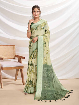 Mintgreen Silk Chiffon Viscose Border Floral Printed Saree Saree With Blouse Piece
