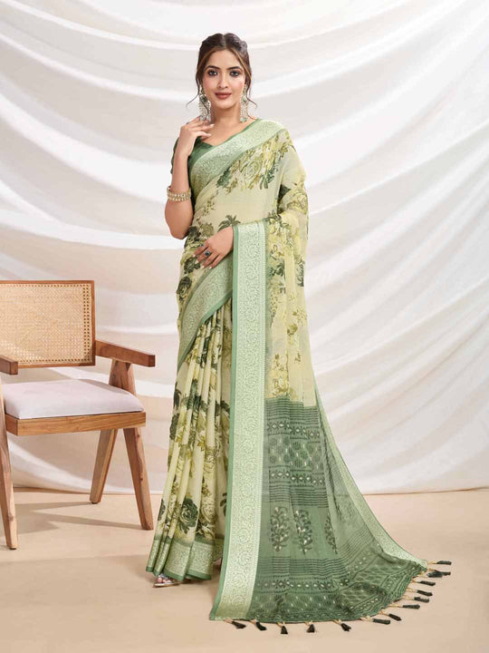 Mintgreen Silk Chiffon Viscose Border Floral Printed Saree Saree With Blouse Piece