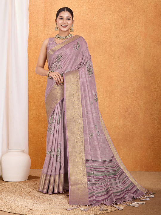 Peach Silk Blend Saree With Blouse Piece