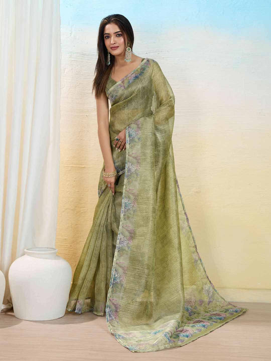 Olive-Green Organza Zari Woven Printed Saree With Hand-Sequence Embellishment Saree With Blouse Piece