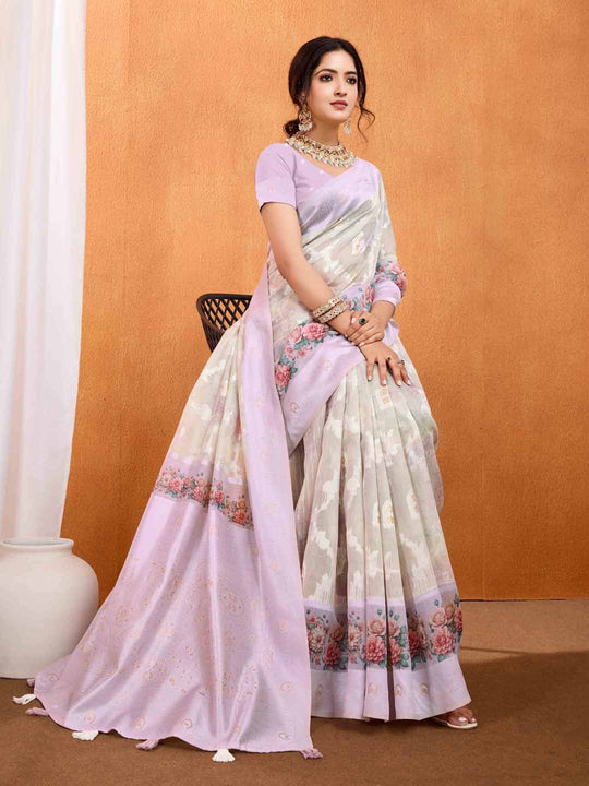 Purple Pure Cotton Lucknowi Woven Banarasi Saree With Ombre Floral Prints