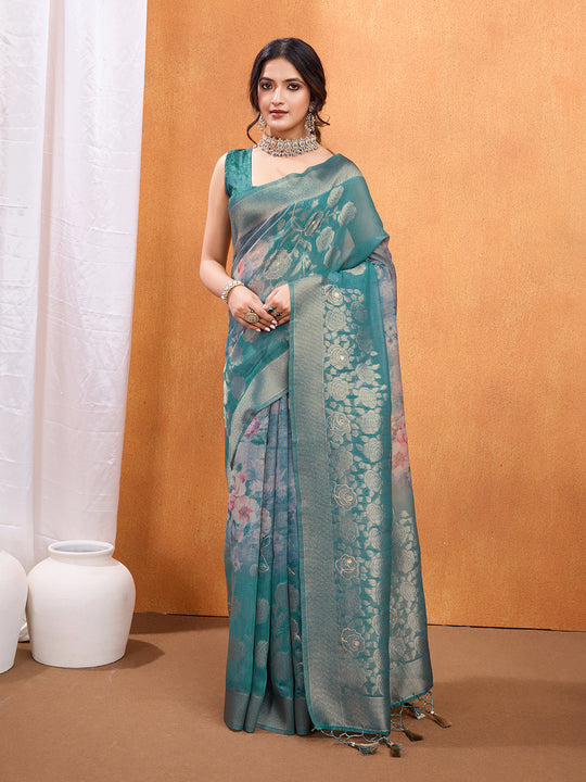 Teal Cotton Blend Saree With Blouse Piece