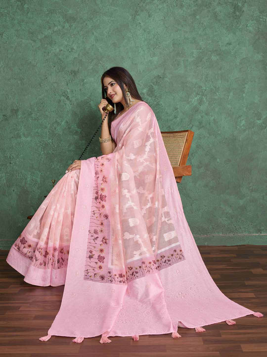 Pink Pure Cotton Lucknowi Woven Printed Saree With Tassels Saree With Blouse Piece