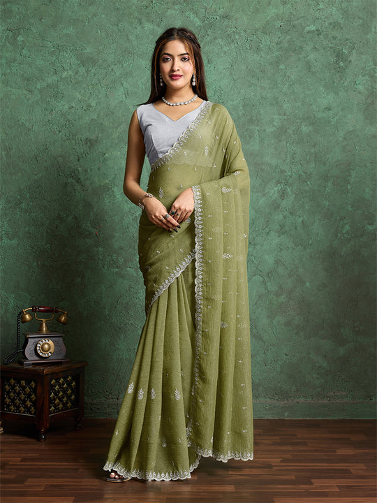 Pure Georgette Solid Embroidered Saree With Scalloping And Fancy Blouse