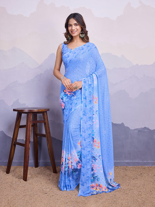 Blue Poly Chiffon Saree With Blouse Piece