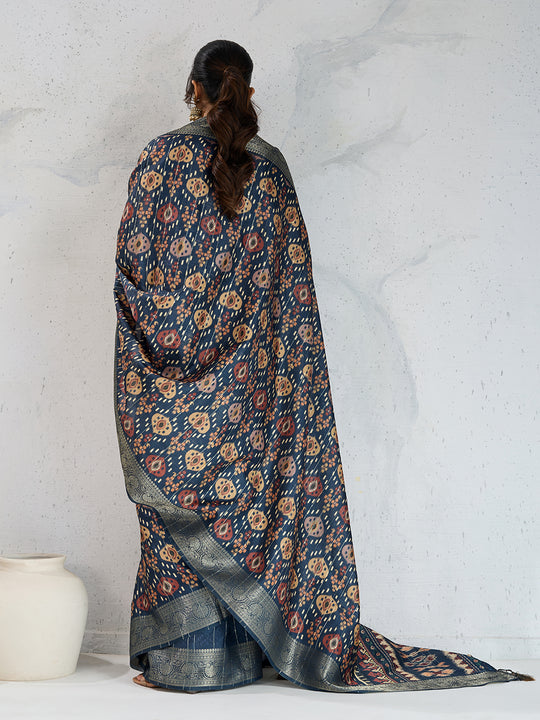 Poly Silk Woven Floral Digital Printed Saree With Woven Jacquard Border And Fancy Tassels