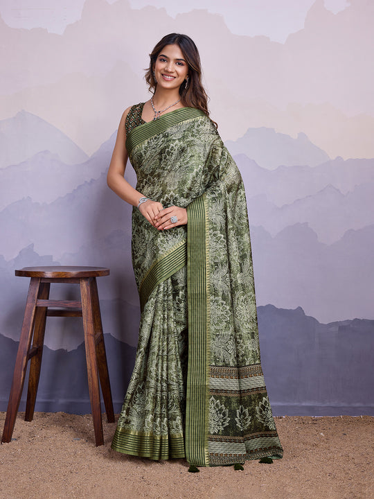 Mehndi Poly Silk Festival Saree With Blouse Piece