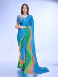 Teal Poly Chiffon Festival Saree With Blouse Piece