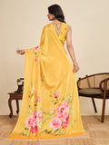 Yellow Chinon Saree All Over Single Colour Printed Saree With Blouse Piece