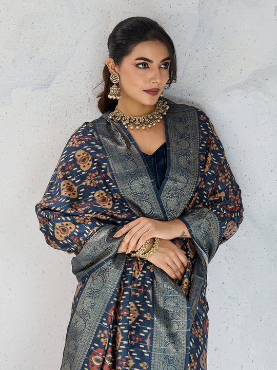 Poly Silk Woven Floral Digital Printed Saree With Woven Jacquard Border And Fancy Tassels