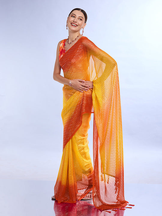 Yellow & Orange Weightless Saree With Blouse Piece