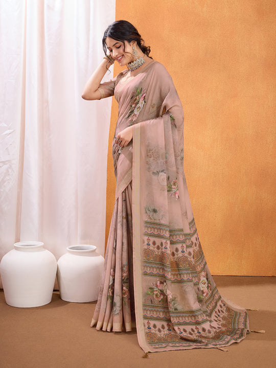 Peach Poly Crepe Party Wear Saree With Blouse Piece