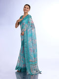 Teal Linen Blend Saree With Blouse Piece