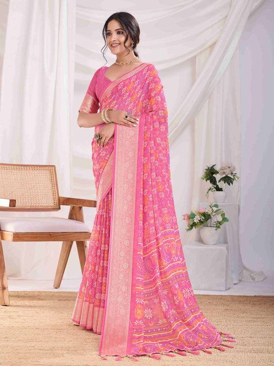 Pink Pure Chiffon Viscose Border Block Printed Saree With Blouse Piece