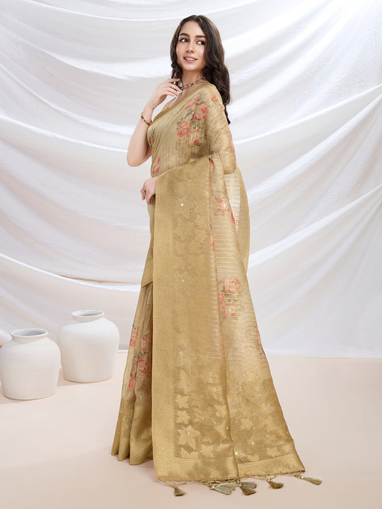Mustard Cotton Blend Festive Wear Saree With Blouse Piece