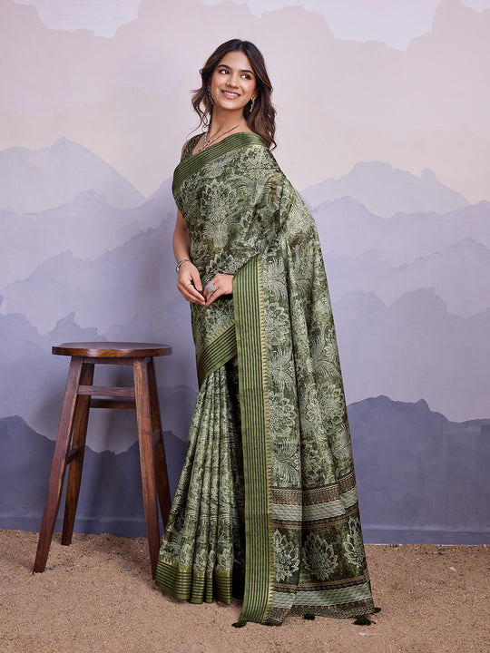 Mehndi Poly Silk Festival Saree With Blouse Piece