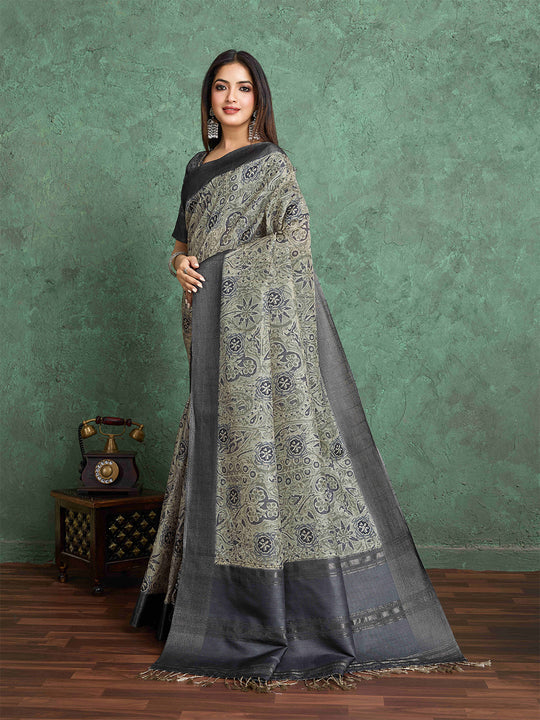 Grey Pure Handloom Tussar Woven Pallu Ajrakh Printed With Blouse Piece