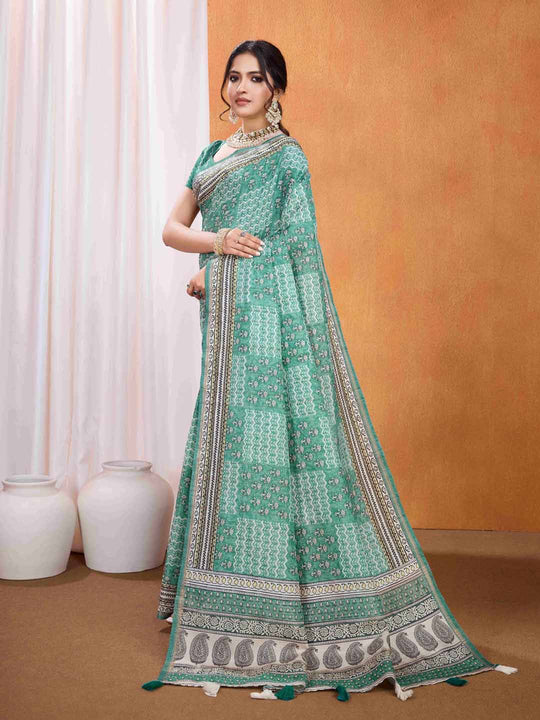 Seagreen Pure Tussar Silk Ajrakh Block Printed With Blouse Piece