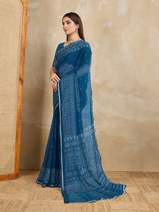 Pure Chiffon Bandhani Printed Saree With Viscose Woven Border And Blouse Piece