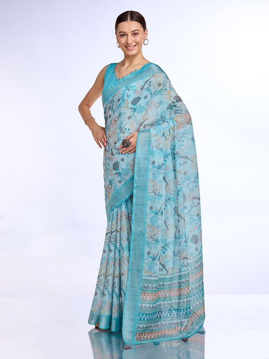 Blue Linen Blend Saree With Blouse Piece