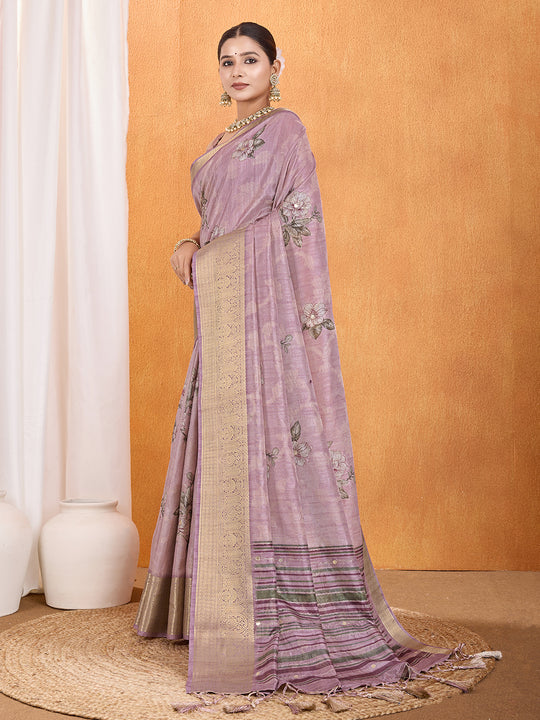 Peach Silk Blend Saree With Blouse Piece