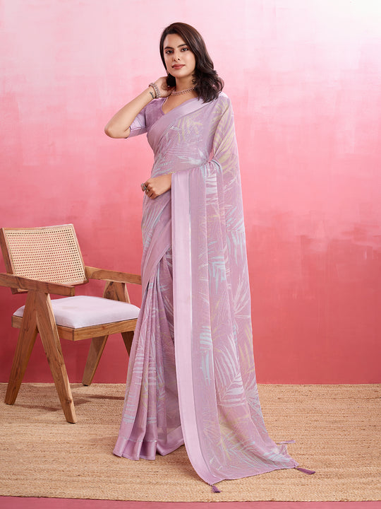 Purple Silk Georgette Festive Wear Saree With Blouse Piece