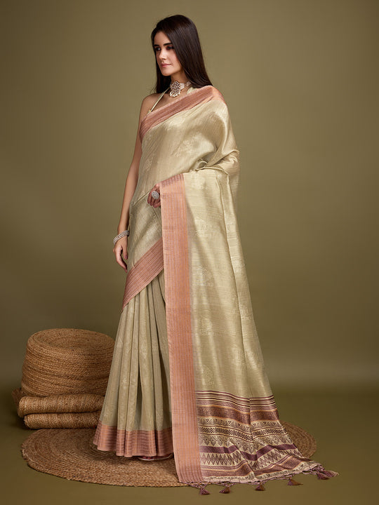 Gold Silk Blend Saree With Blouse Piece