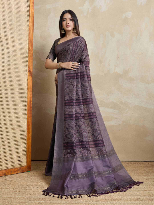 Wine Pure Handloom Tussar Woven Pallu Ajrakh Printed With Blouse Piece
