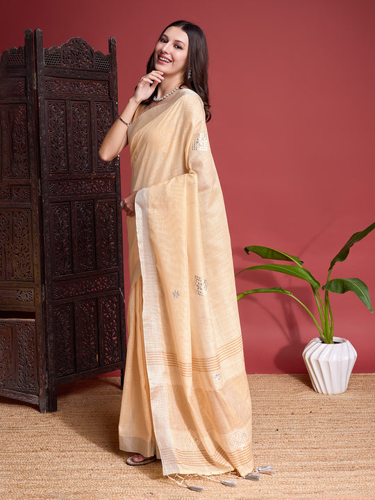 Cream Linen Blend Saree With Blouse Piece