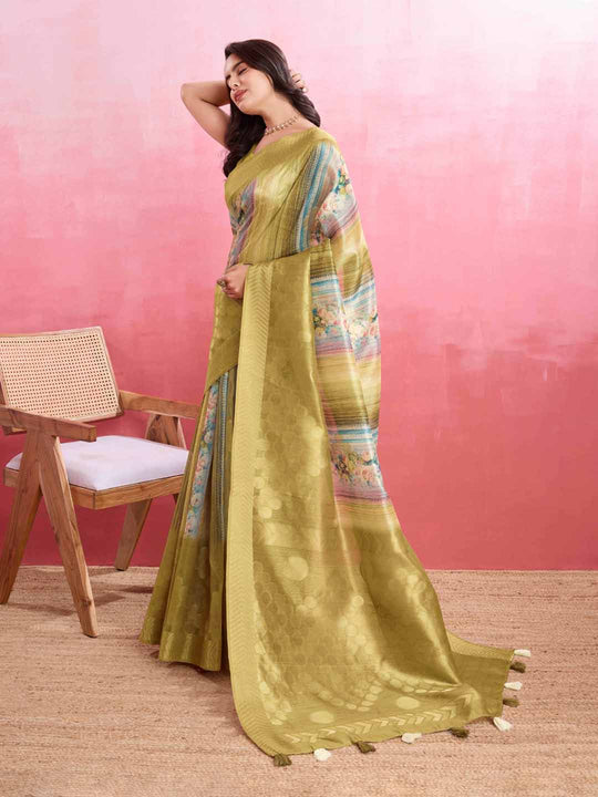 Olivegreen Cotton Banarasi Woven Rich Pallu Printed Saree With Blouse Piece