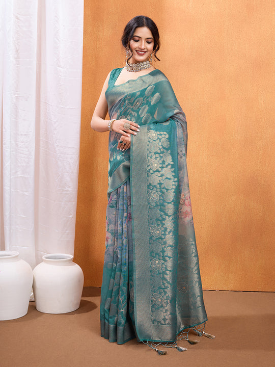 Teal Cotton Blend Saree With Blouse Piece