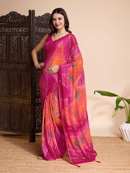 Pink Weightless Poly Chiffon Saree With Blouse Piece