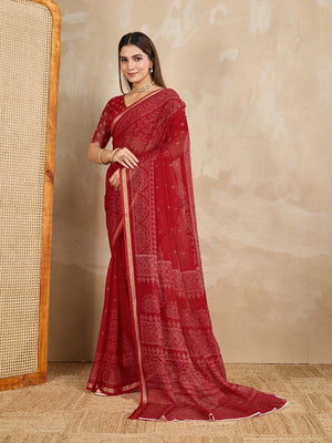 Pure Chiffon Bandhani Printed Saree With Viscose Woven Border And Blouse Piece