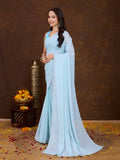 Blue Crepe Georgette Gold Foil Embellished Printed Saree With Blouse Piece