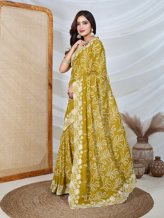 Poly Georgette Geometric Print Saree With Embroidery And Scaloping Work With Unstitched Blouse Piece