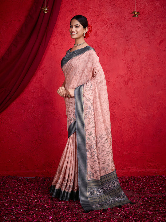 Pink Poly Silk Festival Saree With Blouse Piece