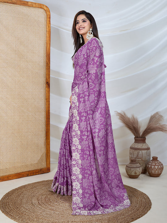 Poly Georgette Geometric Print Saree With Embroidery And Scaloping Work With Unstitched Blouse Piece